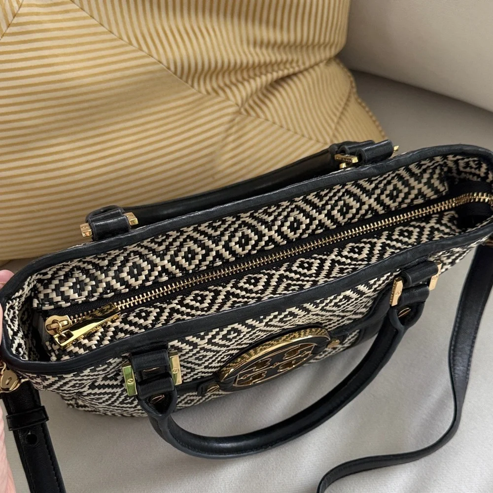 Tory Burch Amanda in Raffia Black and Cream Satchel